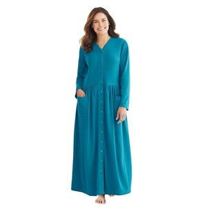 Woman Within Long Snap Front Knit Lounger Long Sleeve Midi Dress Teal Sz L